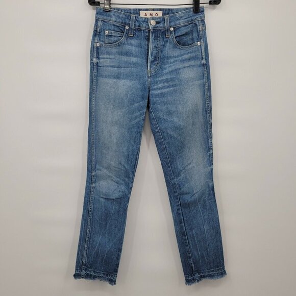 Amo Women Blue Babe 9" High Rise Cropped Raw Hem Button Fly Jeans Size 26 - Picture 1 of 8